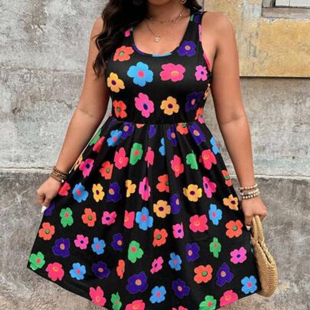 SHEIN Plus Size Dresses Rave Outfits Festival Summer Dress Colorful Floral Print Dress Mini Dress Beach Dress Vacation Dress Holiday Dress Music Festival Dr