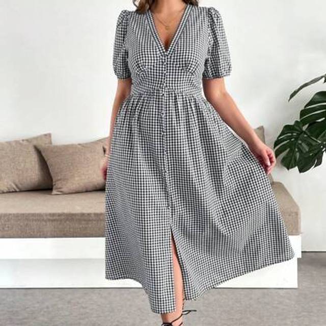SHEIN Plus Size V-Neck Gingham Print Short Sleeve Split Casual Midi Dress Casual Dresses For Woman Casual Dresses For Woman Women Midi Dresses Women Clothin
