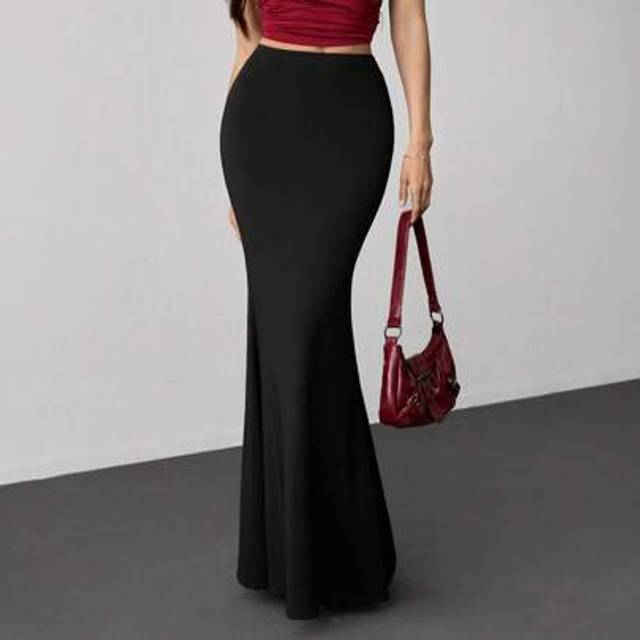 SHEIN Women&#39;s Elastic Waist Extra Long Mermaid Skirt, Elegant Solid Color