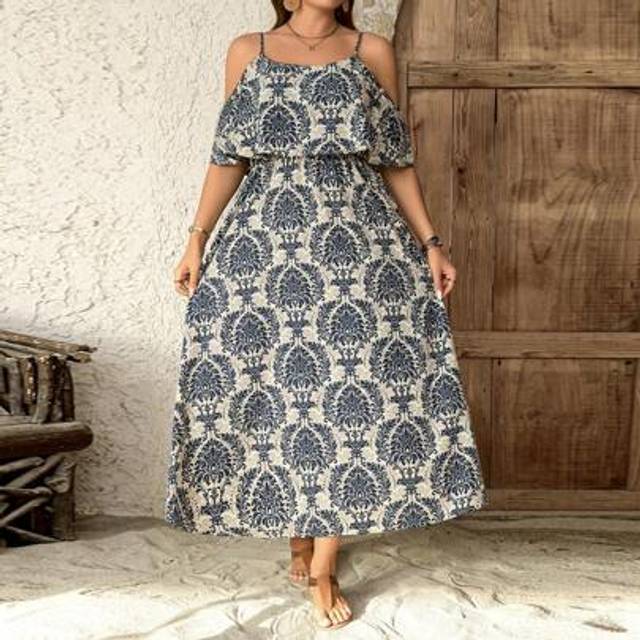 SHEIN Plus Size Women&#39;s Paisley Print Open Shoulder Dress, Summer Mother Day Long Dress Boho Simple & Fashionable Vacation Relaxed Outfit
