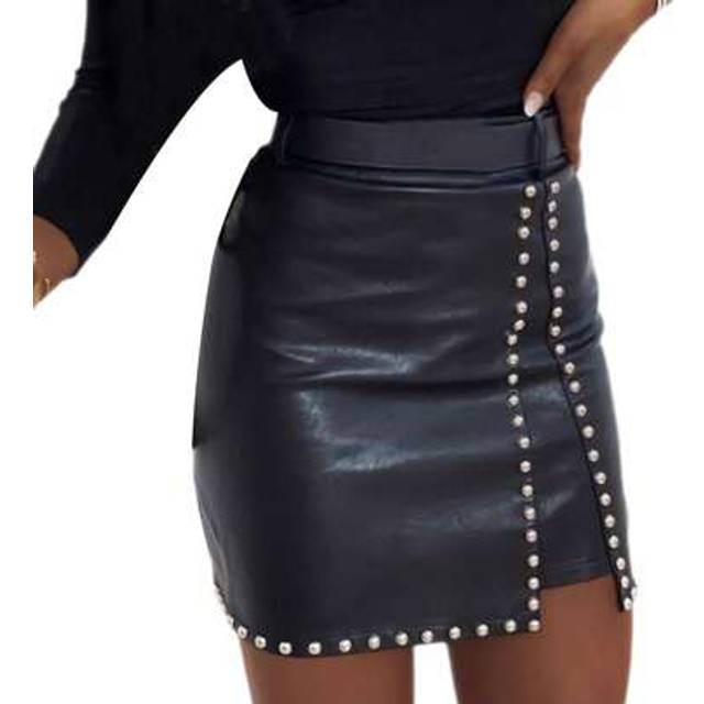 SHEIN Women Mini Skirt Pu Leather Skirt Rhinestone Elengant High Waist Faux Leather Pencil Skirt