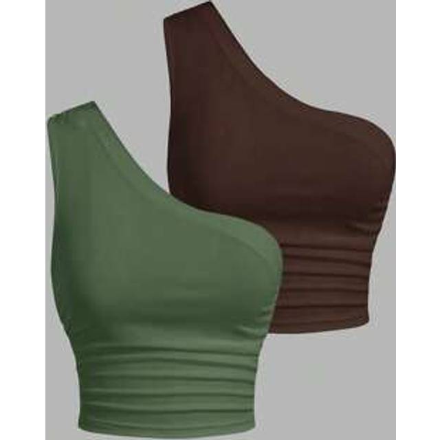 SHEIN 2-Tone Olive Green & Brown Music Festival Knit One Shoulder Women Top Off The Shoulder Top
