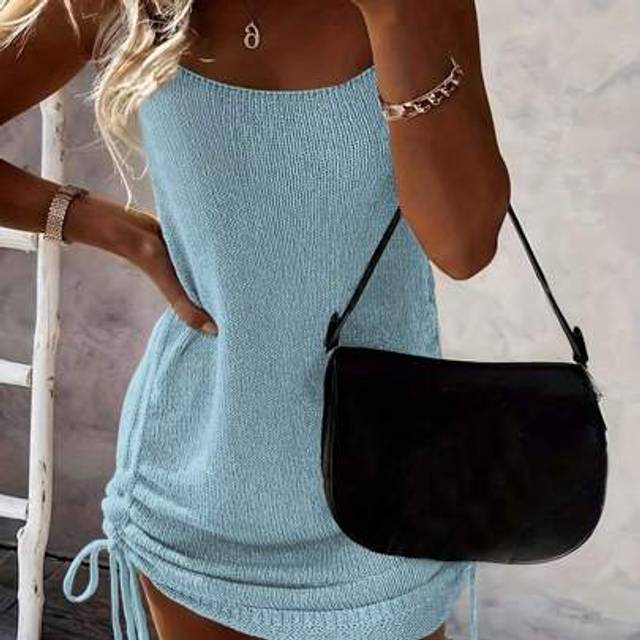 SHEIN Spring And Summer Women&#39;s Fashion Casual Elegant Wedding Solid Colour Side Drawstring Sleeveless Strapless Tie Sling Knit Sweater Dresses