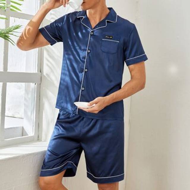 SHEIN Men Satin Letter Patched Binding PJ Set / Pajama Set