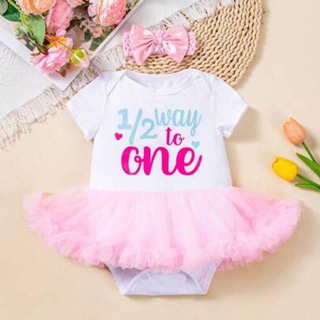SHEIN 2pcs Baby Girl Party Outfit, Cute Cartoon Print Short Sleeve Bodysuit And Headband Set, Mesh Patchwork , Suitable For All Seasons