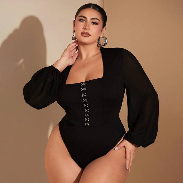 SHEIN Plus Size Curve Big Woman Sexy Elegant Party Birthday Black Large Square Collar Buttoned Chiffon Puff Sleeve Bodysuit Long Sleeve Bodysuit Fall And Wi