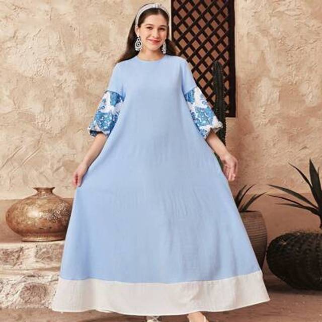 SHEIN Teen Girls Casual Holiday Woven Textured Fabric Color Block Vintage Floral Print Puff Sleeve Dress