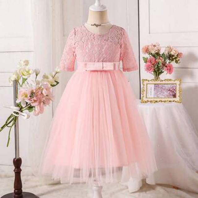 SHEIN Flower Young Girl Party Birthday Wedding Dress, Girls Pink Jacquard Floral Elegant Dress, Round Neck Midi Tulle Dress For Formal Occasions, Stage Perf