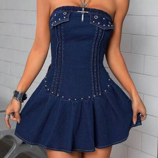 SHEIN Beaded Tube Top Elastic Pleated Women Denim Dress