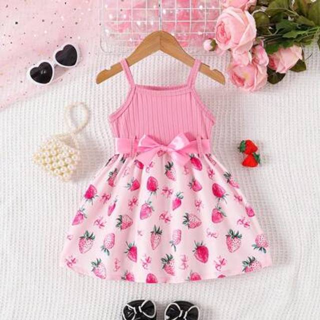 SHEIN Baby Girls Summer New 2025 Red Ribbed Heart Print Ruffled Hem Simple Stylish Cute Sweet Suspender Dress Holiday  Travel  Summer  Relax