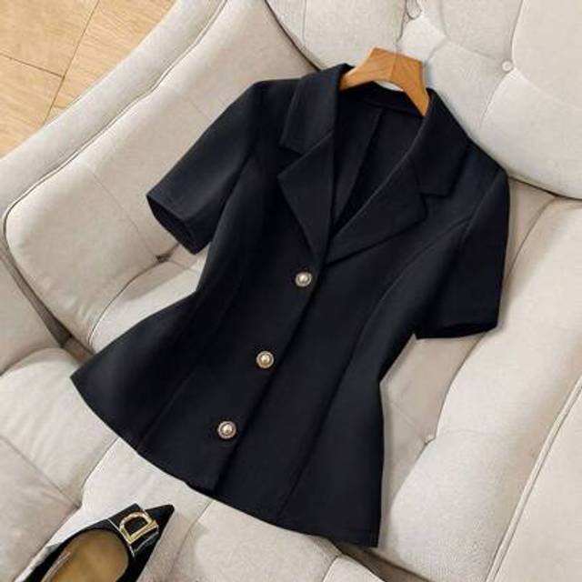 Franclia French Elegant Elegant Everyday Casual Versatile Short Sleeve Fitted Faux Pearl Metal Button Blazer For Women, Spring/Summer
