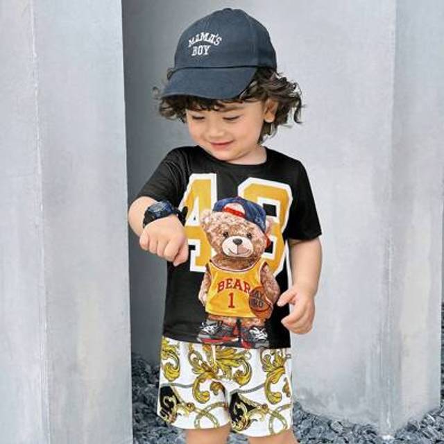 SHEIN Baby Boy 2pcs/Set Cute Soft Bear Print Patchwork Round Neck Short Sleeve T-Shirt And Shorts Set, Suitable For Outing, Home, Travel, Vacation, Birthday