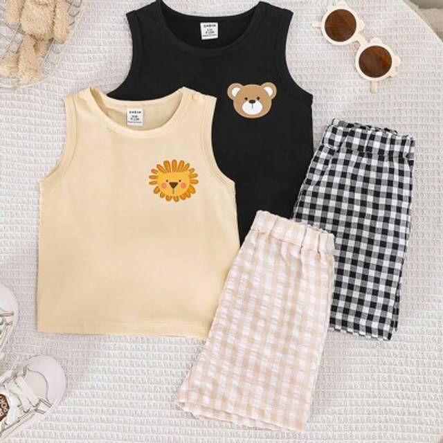 SHEIN 4pcs/Set Baby Boys Crew Neck Sleeveless Vest, Short Sleeve T-Shirt And Elastic Waist Loose Plaid Shorts Set, Casual & Comfortable Fruit Printed Outfit