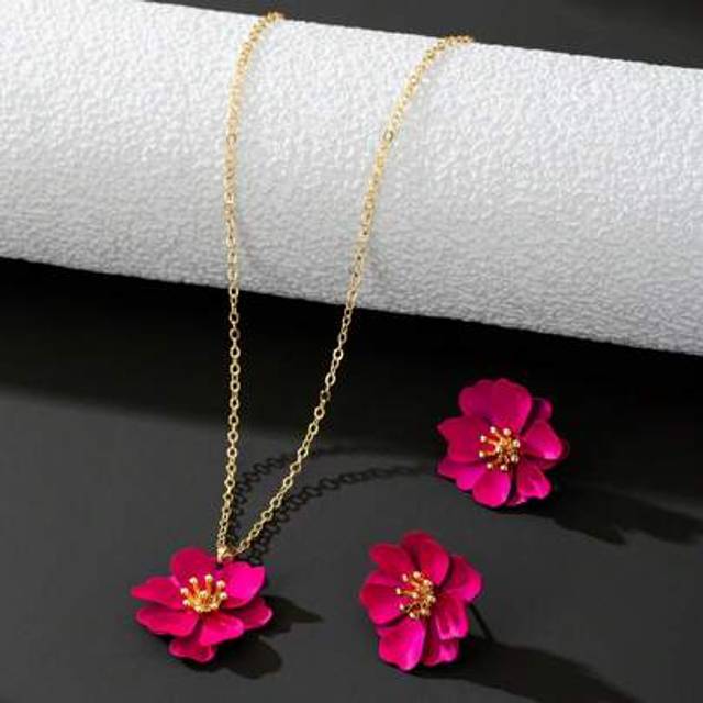 SHEIN 1 Set Women&#39;s Fashion Vacation Style Spray Painted Fuchsia Double Layer Flower Stud Earrings & Necklace Jewelry Set (This Product Is Not Waterproof, P