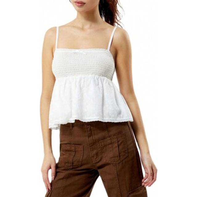 SHEIN Women Spaghetti Strap Camisole Hollow Eyelets Bow Smocked Backless Square Neck Crop Tank Tops