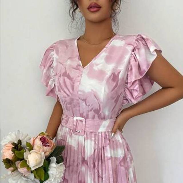 SHEIN Women&#39;s Tie-Dye Floral Printed Ruffle Hem Dress Maxi Women Outfit