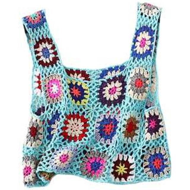 SHEIN Womens Crochet Tank Top Knit Colorful Floral Embroidery Summer Boho Camisole Hollow Out Top