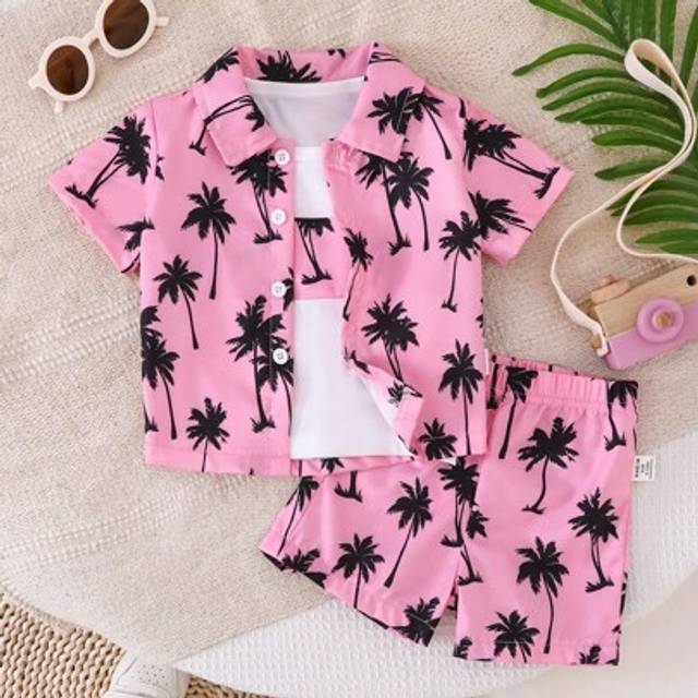 SHEIN 3 Packs Baby Boy Summer Outfit Set: 1 White T-Shirt, 1 Pink Palm Tree Print T-Shirt, 1 Pair Of Matching Shorts - Perfect For Beach, Vacation, And Vari