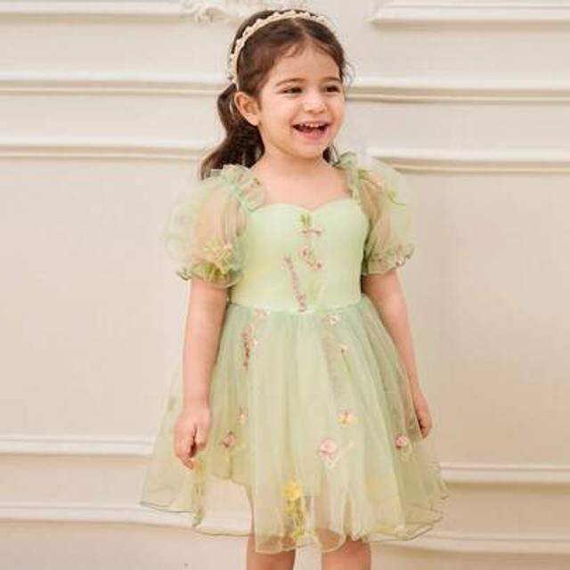 SHEIN Toddler Girl Princess Embroidery Flower Dress, Green Puff Sleeve Mesh Tulle Pageant Gown, Birthday Party Wedding Holiday Dress, Suitable For All Seaso