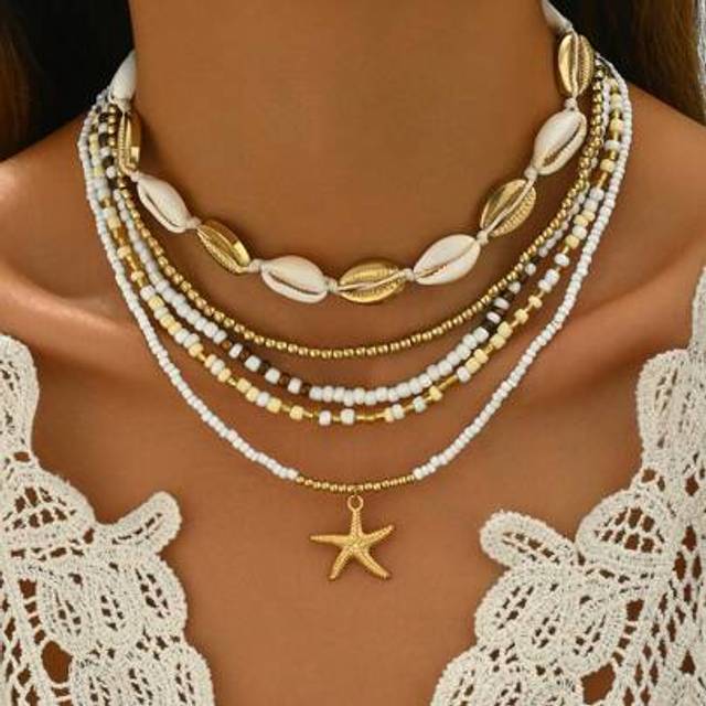 SHEIN 5pcs/Set Bohemian Style Random Color Glass Beads & Starfish Pendant Layered Necklace Set, Suitable For Beach, Resort, Party