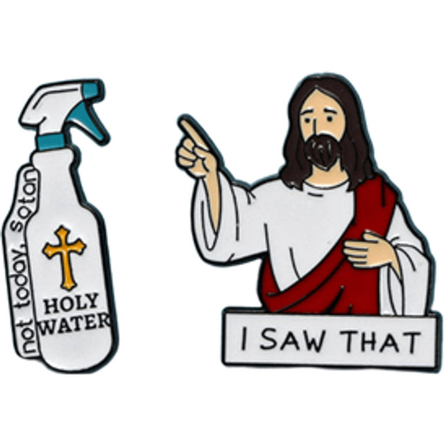 SHEIN 2 Pcs/Set Jesus I Saw That Holy Water Enamel Pin Custom Decorative Brooches Ornaments Lapel Bag Badges Jewelry Gifts Pin Pin For Clothes Bag Charm