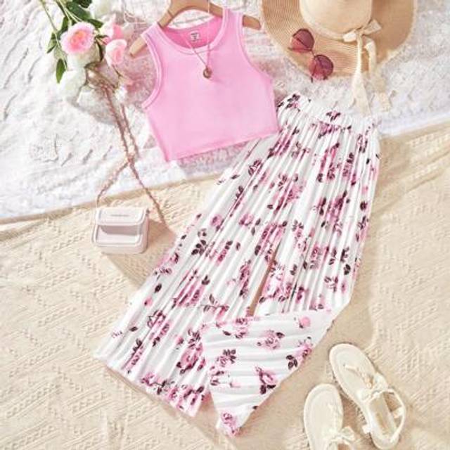 SHEIN Tween Girls 2pcs Set: Solid Color Crew Neck Camisole And Floral Print Pleated Long Pants