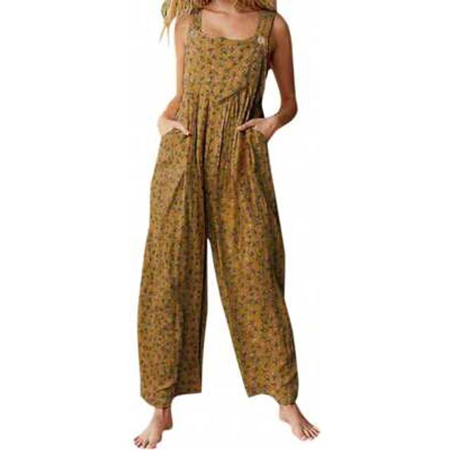 SHEIN Women Loose Style Overalls, Floral Printed Pattern Sleeveless Square Collar One-Piece, Navy/ Wine Red/ Tan/ Grey