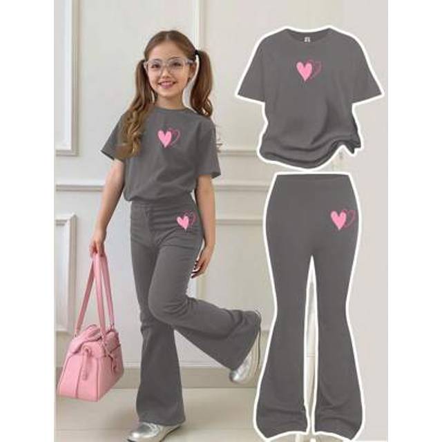 SHEIN 2pcs/Set Tween Girls Casual Minimalist Short Sleeve Top And Long Pants Set, Suitable For Summer