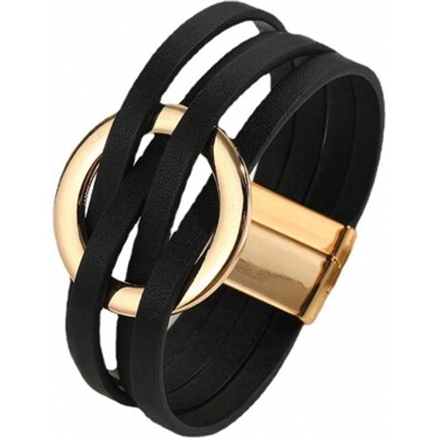 SHEIN 1pc European Style Multi-Layer PU Leather & Metal Large Hoop Magnetic Clasp Black Bracelet For Women