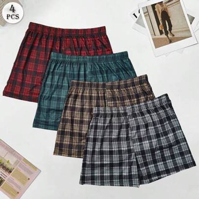 SHEIN 4pcs/Set Men&#39;s Plaid Print Airy Shorts, Casual Elastic Waist Relaxed Fit Pajama Shorts, Multi-Color