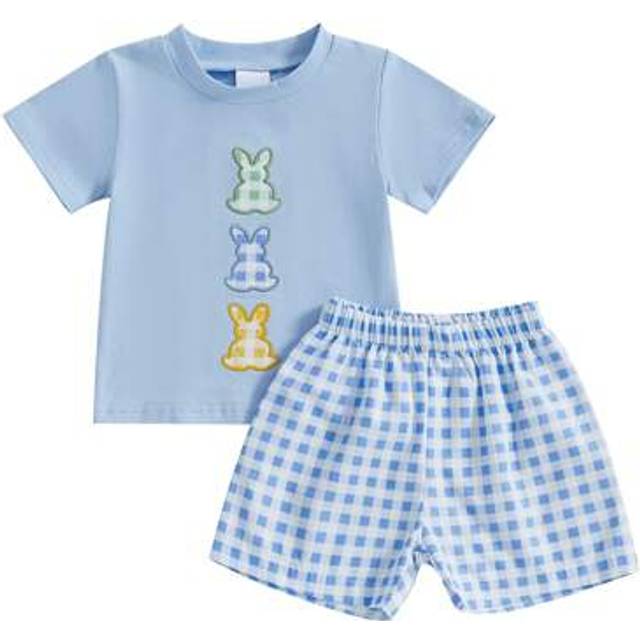 SHEIN Toddler Baby Boys Easter Outfits Bunny Embroidery Crew Neck Short Sleeve T-Shirt With Shorts 2 Pcs Set For Spring Summer