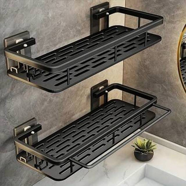 SHEIN Black Rust-Proof 2 Packs Polished Metal Bathroom Shelves - Wall-Mounted No-Drill Hanging Shower Caddy For Shampoo And Conditioner Storage, Space-Savin