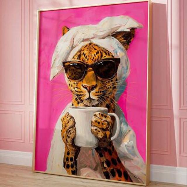 SHEIN 1pc Canvas Poster, Solid Wood With Frame, Printable Wall Art, Leopard Drinking Coffee Minimalist Oil Painting, Dopamine Dining Room, Colorful And Styl