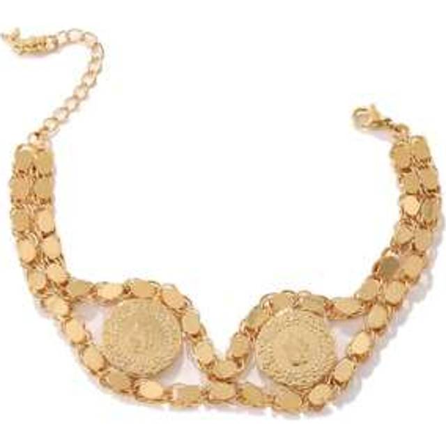 SHEIN 1pc Retro & Elegant Copper Alloy 24k Gold Plated Double Coins Handmade Chain Bracelet Suitable For Women&#39;s Daily Wear