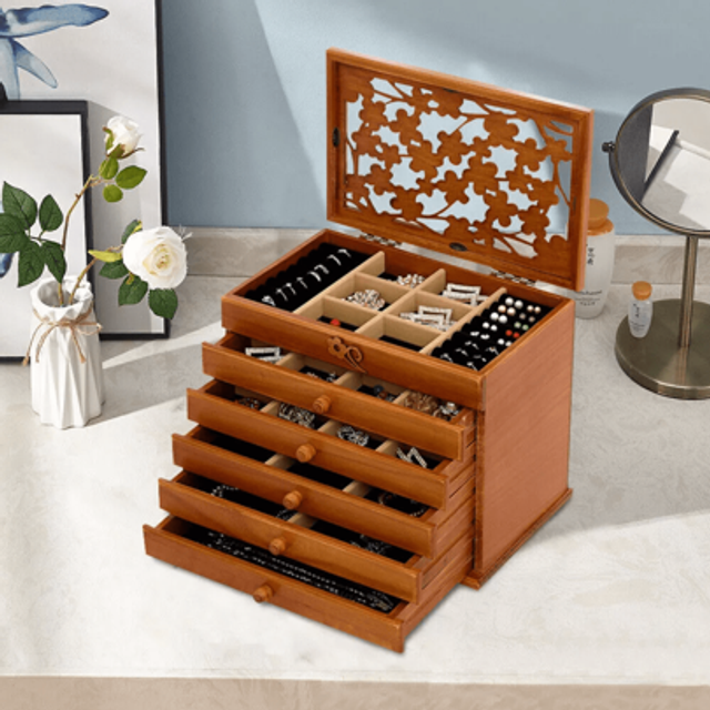 SHEIN Large Wooden Jewellery Boxes Storage Case 6 Drawers Cabinet Necklace Organizers Back To School Dormitory Storage