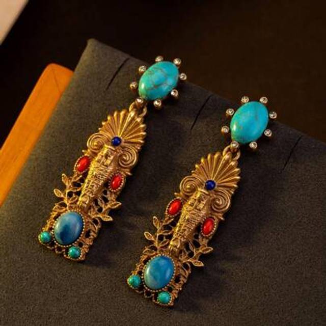 SHEIN A Pair Of Vintage Egyptian Angel Goddess Retro Distressed Elegant Long Earrings Suitable For Travel, Vacation And Party Wear.