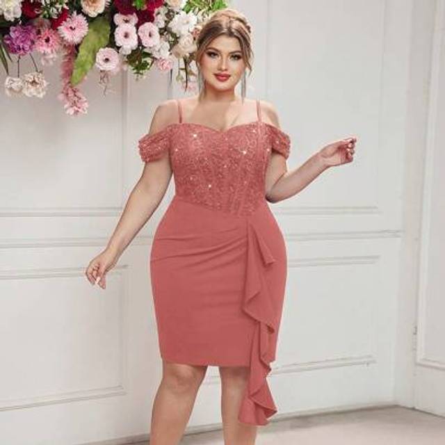 SHEIN Plus Size Sequin Floral Lace Spaghetti Strap Off Shoulder Ruffle Trim Cocktail Party Bodycon Dress, Elegant Wedding Guest Dress, For Birthday, Graduat