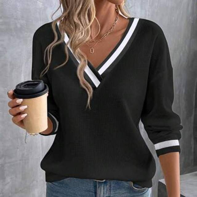 SHEIN Women&#39;s Striped V-Neck Long Sleeve Casual Loose T-Shirt