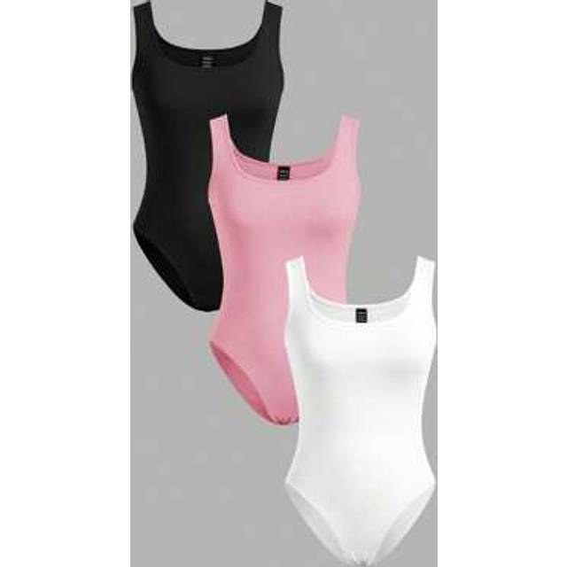 SHEIN 3pcs Women Solid Tank Top Rompers, Black/White/Pink, Tight Casual Bodysuit Suitable For Summer Workout Clothes Women Body Suits For Women Women S Body