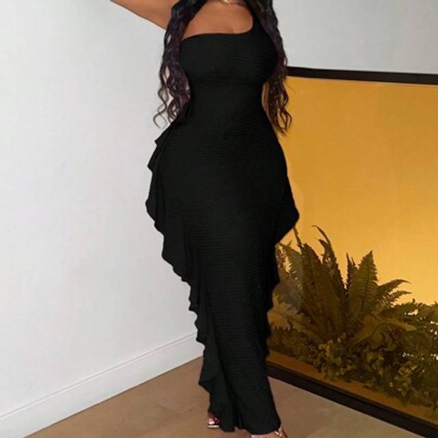 Slaydiva Elegant Romantic Plus Size Women Stretchy Textured Fabric One Shoulder Ruffle Trim Bodycon Mini Dress