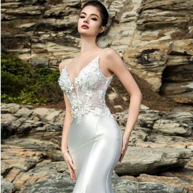 SHEIN Summer Florence Sexy V-Neck Romantic 3D Floral Lace Satin Fitted Glamour Birthday Beach Party Mermaid Wedding Dress Bridal White