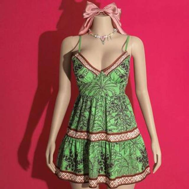 Slaydiva 2025 Summer New Vacation Fit Green Tropical Positioning Print, Suspender V-Neck Cake A-Line Sun Dress, Women&#39;s Mini Dress, Suitable For Music Festival