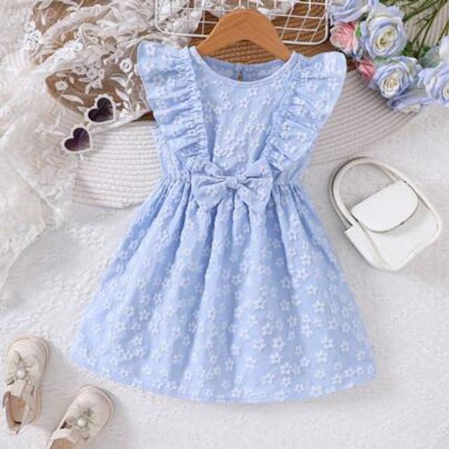 SHEIN Young Girls Spring/Summer Jacquard Bowknot Decor Little Party Dress
