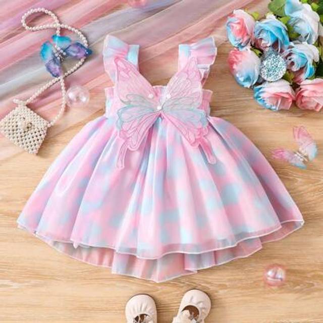 SHEIN Baby Girl Cute Sweet Pink & Blue Tie Dye Print Princess Mesh Dress For Spring Summer, Suitable For Birthday Party, Gatherings Or Everyday Wear