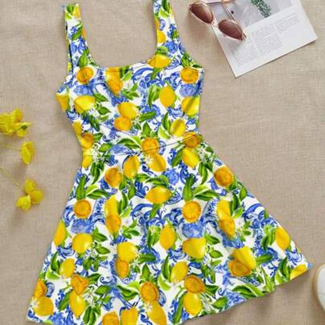 SHEIN Women Casual Lemon Print Mini Dress, Minimalist Style Suitable For Summer, Girls Trip,Bohemian Clothes
