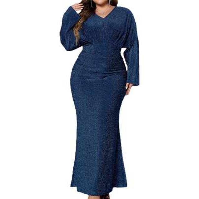 SHEIN Women&#39;s Plus Size Evening Dress Glitter Long Sleeve V-Neck Slim Long Dress Formal Prom Gowns