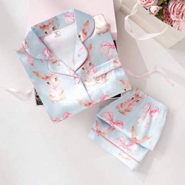 SHEIN Girls Bow & Rabbit Print Faux Silk Shorts Pajama Set, Comfortable Home Outfit