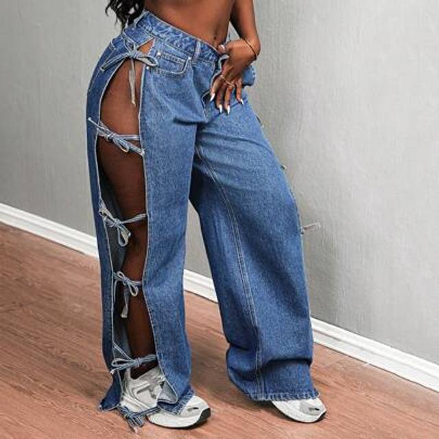 SHEIN Women&#39;s Pocket Side Cut-Out Lace-Up Wide Leg Sexy Jeans
