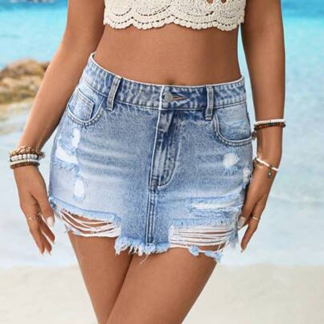Breezaya Women&#39;s Pockets Ripped Fringe Hemline Short Denim Skirt