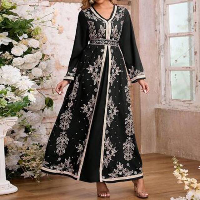 SHEIN Women&#39;s Muslim Abaya Long Dress Printed Belt Abaya Evening Dress, Modest Kaftan